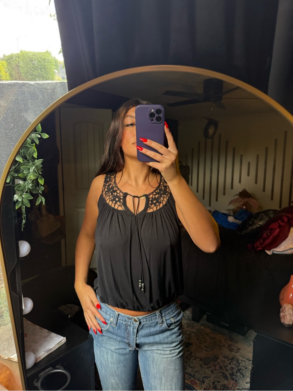 Black Crochet-Yoke Tie-Neck Camisole